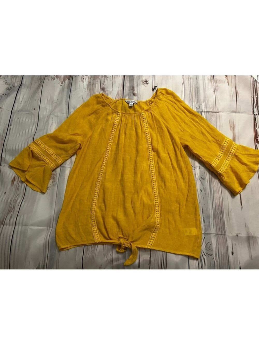 Counterparts Yellow Blouse XL Bell Sleeve Tie Front EUC